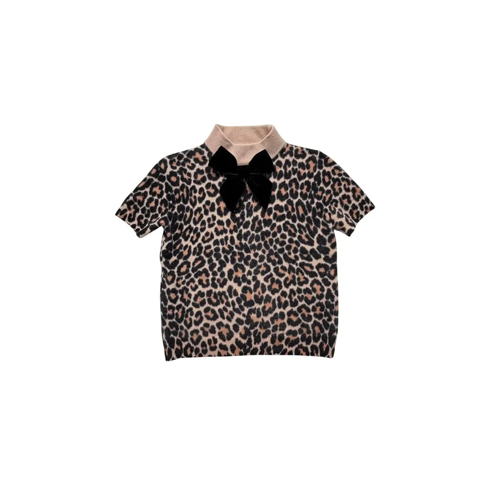 Kate Spade New York Leopard Print 100% Wool Short Sleeve Bow Sweater S